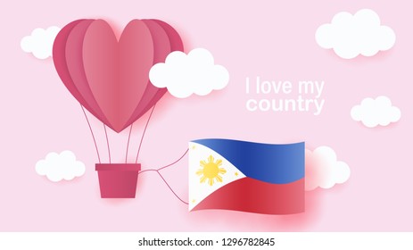 Hot air balloons in shape of heart flying in clouds with national flag of Philippines. Paper art and cut, origami style with love to Philippines