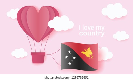 Hot air balloons in shape of heart flying in clouds with national flag of Papua New Guinea. Paper art and cut, origami style with love to Papua New Guinea