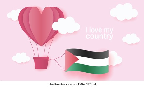 Hot air balloons in shape of heart flying in clouds with national flag of Palestine. Paper art and cut, origami style with love to Palestine