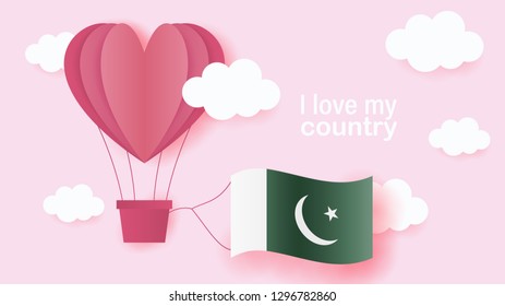 Hot air balloons in shape of heart flying in clouds with national flag of Pakistan. Paper art and cut, origami style with love to Pakistan