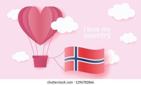Hot air balloons in shape of heart flying in clouds with national flag of Norway. Paper art and cut, origami style with love to Norway