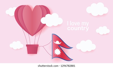 Hot air balloons in shape of heart flying in clouds with national flag of Nepal. Paper art and cut, origami style with love to Nepal