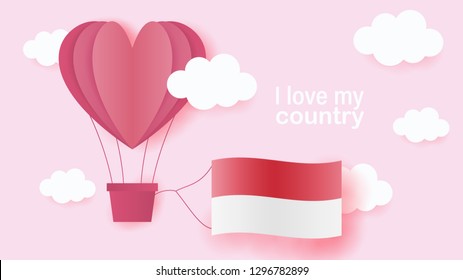 Hot air balloons in shape of heart flying in clouds with national flag of Monaco. Paper art and cut, origami style with love to Monaco