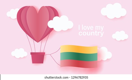 Hot air balloons in shape of heart flying in clouds with national flag of Lithuania. Paper art and cut, origami style with love to Lithuania