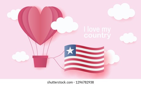 Hot air balloons in shape of heart flying in clouds with national flag of Liberia. Paper art and cut, origami style with love to Liberia