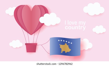 Hot air balloons in shape of heart flying in clouds with national flag of Kosovo. Paper art and cut, origami style with love to Kosovo