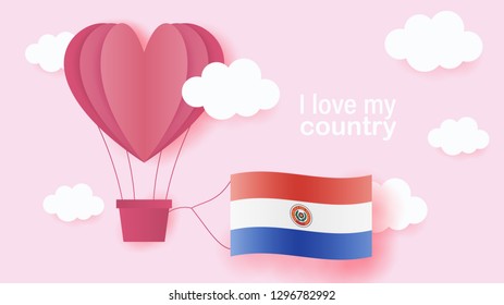 Hot air balloons in shape of heart flying in clouds with national flag of Paraguay. Paper art and cut, origami style with love to Paraguay