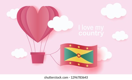 Hot air balloons in shape of heart flying in clouds with national flag of Grenada. Paper art and cut, origami style with love to Grenada