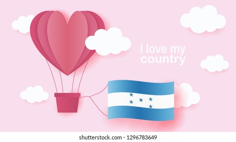 Hot air balloons in shape of heart flying in clouds with national flag of Honduras. Paper art and cut, origami style with love to Honduras