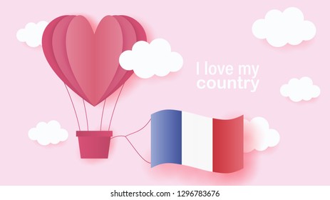 Hot air balloons in shape of heart flying in clouds with national flag of France. Paper art and cut, origami style with love to France