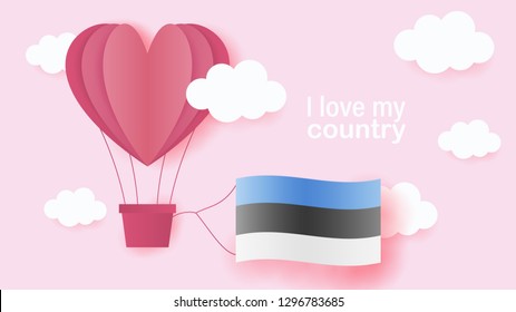 Hot air balloons in shape of heart flying in clouds with national flag of Estonia. Paper art and cut, origami style with love to Estonia