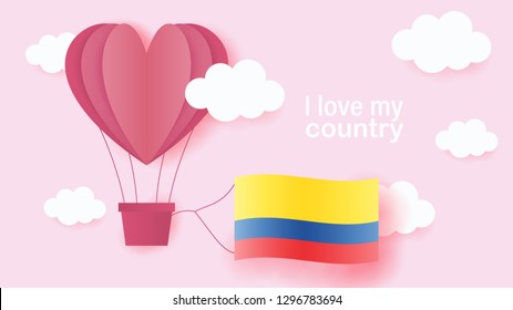 Hot air balloons in shape of heart flying in clouds with national flag of Ecuador. Paper art and cut, origami style with love to Ecuador