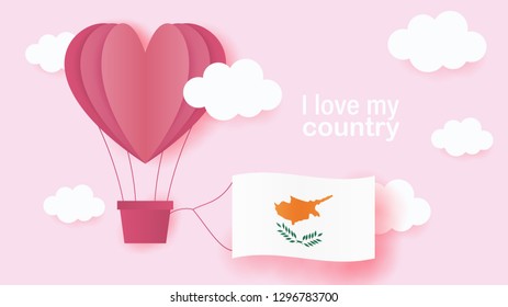 Hot air balloons in shape of heart flying in clouds with national flag of Cyprus. Paper art and cut, origami style with love to Cyprus