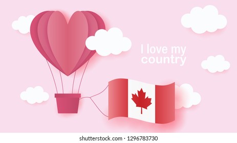 Hot air balloons in shape of heart flying in clouds with national flag of Canada. Paper art and cut, origami style with love to Canada