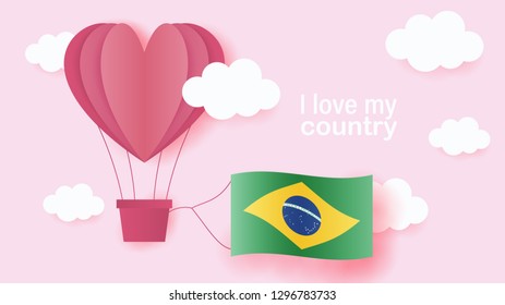 Hot air balloons in shape of heart flying in clouds with national flag of Brazil. Paper art and cut, origami style with love to Brazil