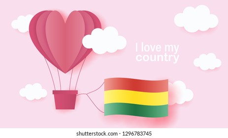 Hot air balloons in shape of heart flying in clouds with national flag of Bolivia. Paper art and cut, origami style with love to Bolivia
