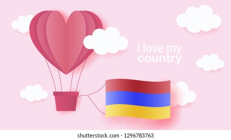 Hot air balloons in shape of heart flying in clouds with national flag of Armenia. Paper art and cut, origami style with love to Armenia