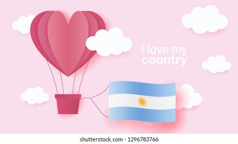 Hot air balloons in shape of heart flying in clouds with national flag of Argentina. Paper art and cut, origami style with love to Argentina