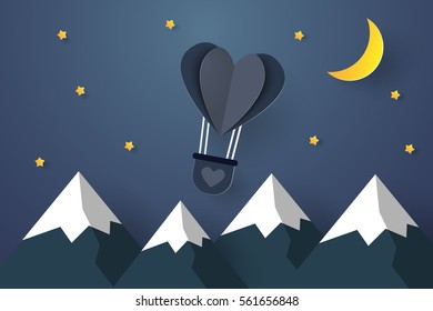 Hot air balloons in the shape of a heart flying over mountain in the night sky and moon with stars , paper art style