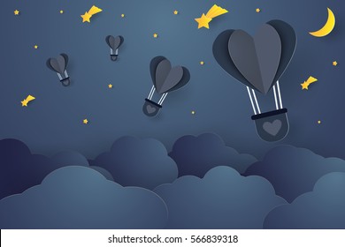 Hot air balloons in the shape of a heart flying over cloud in the night sky , paper art style
