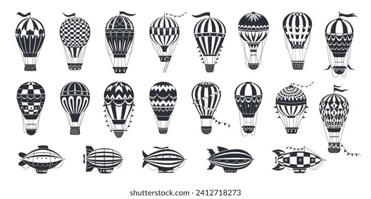 Hot air balloons silhouettes. Vintage flying hot air balloons, airships and dirigibles flat vector illustration set. Retro aircrafts silhouettes