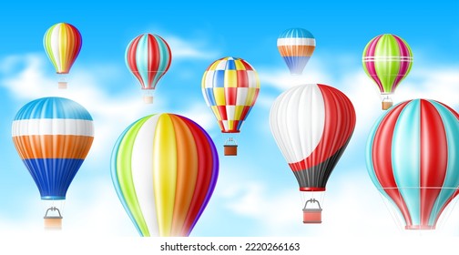 Hot air balloons in sky. Blue sky panoramic poster, realistic flying transport with baskets, different colorful patterns textile, white clouds, isolated 3d objects, utter vector concept