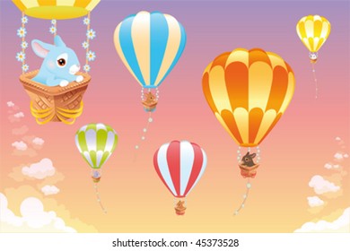 Hot air balloons in the sky with bunny. Cartoon and vector scene