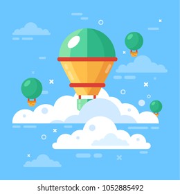 Hot air balloons in sky with clouds. Blue sky with flying ballon and white clouds flat vector illustration