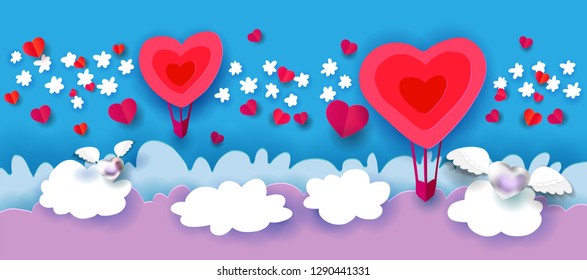 Hot air balloons in the sky, clouds and fly hearts. Paper art cut out digital craft style. Vector illustration.