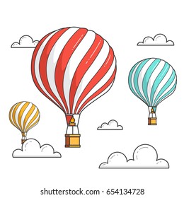 Hot air balloons in sky with clouds on white background. Flat line art vector illustration.