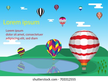 Hot air balloons in the sky with clouds and mountains and lake, Vector illustration, Cartoon design