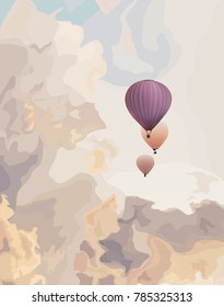Hot air balloons in the sky with clouds. Vector cartoon illustration 