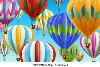 Hot air balloons in the sky, colorful balloons for design uses in 3d illustration with clear blue sky