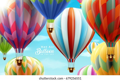 Hot air balloons in the sky, colorful balloons for design uses in 3d illustration with clear blue sky