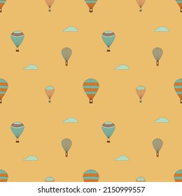 Hot Air Balloons in the sky. Coloring page in retro style. Seamless pattern.