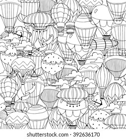 Hot Air Balloons in the sky. Coloring page in retro style.