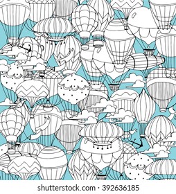 Hot Air Balloons in the sky. Coloring page in retro style.