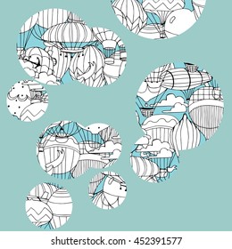 Hot Air Balloons in the sky. Coloring page in retro style.