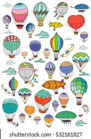 Hot Air Balloons in the sky. Coloring page in retro style.