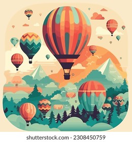 Hot air balloons in the sky,  flat vector illustration 