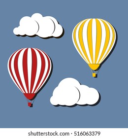 Hot air balloons in the sky. Flat paper art style.