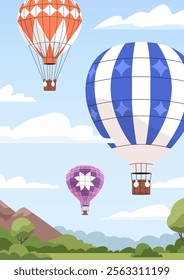 Hot air balloons in sky, poster. Aerial trip, adventure in aerostats. Flying in clouds, vertical card background with airships travel, soaring over nature landscape. Flat vector illustration