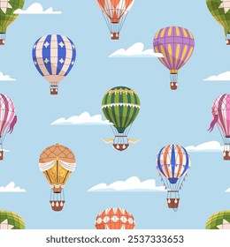 Globos de aire caliente en el cielo, diseño de patrón sin fisuras. Aerostatos flotando, volando alto, repitiendo impresión. Aventura Aéreas, viaje, fondo sin fin para la tela, textil, envoltura. Ilustración vectorial plana