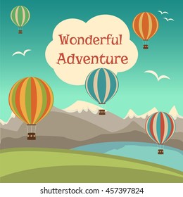Hot air balloons in the sky with snowy mountains, clouds and blue lake. Mountain landscape. Vector illustration in cartoon style, vintage poster