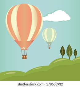 Hot air balloons in the sky. Vector illustration. Landscape background