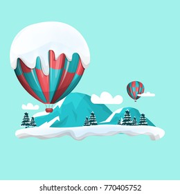 Hot air balloons in the sky. Winter landscape. Vector illustration. Design element for flyers, posters, brochures, web banner