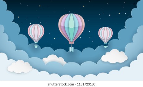 Hot air balloons, stars and clouds on the dark night sky background. Night scene background. Paper craft style. Vector Illustration.