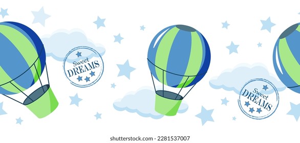 Hot air balloons with stars, clouds and words on white backrgound. Seamless border for print, textile, decor. Cartoon vector illustration.