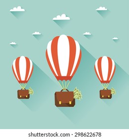 Hot air balloons with suitcases full of money. Business help, support, survival, investment concept. Vector colorful illustration in flat style 