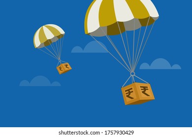 Globos de aire caliente transportando cajas con rupias indias.Concepto de inversiones en la economía.